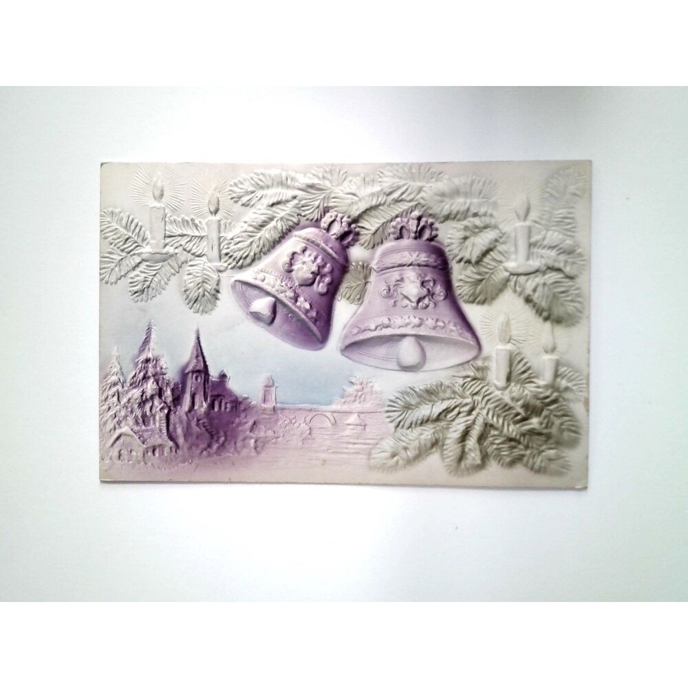 1907 Embossed Christmas Postcard Bells Snowy Village Candles Pine Boughs